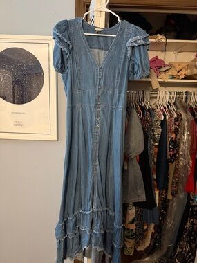 Anthropologie Light Blue Denim Button-Front Maxi Dress with Puff Sleeves